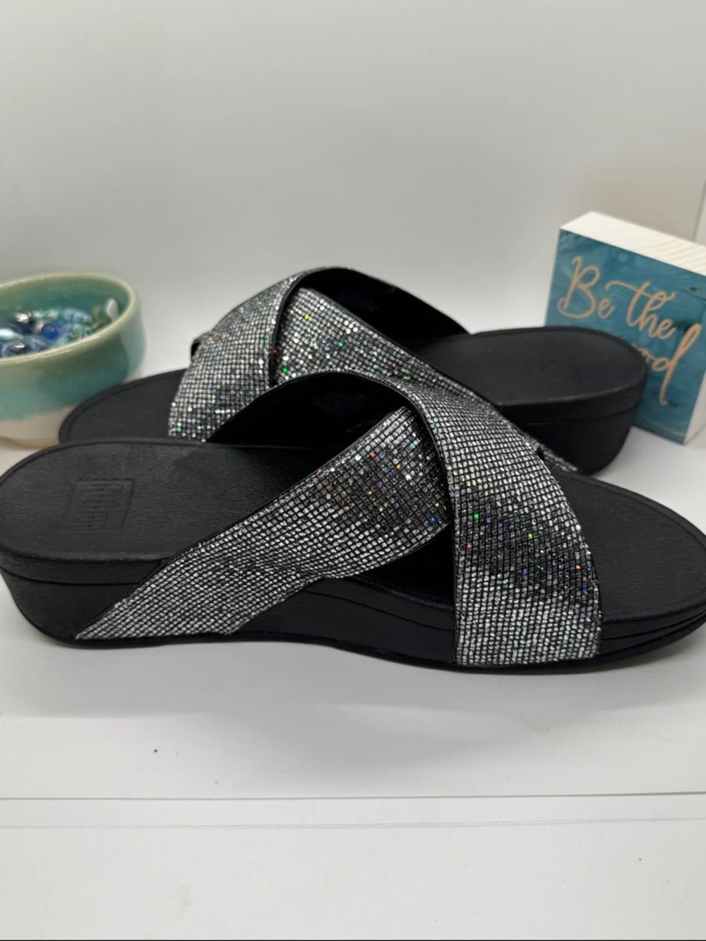 Fitflop LuLu, Black Iridescent Crystal Cross-Band Slides - Picture 8 of 9